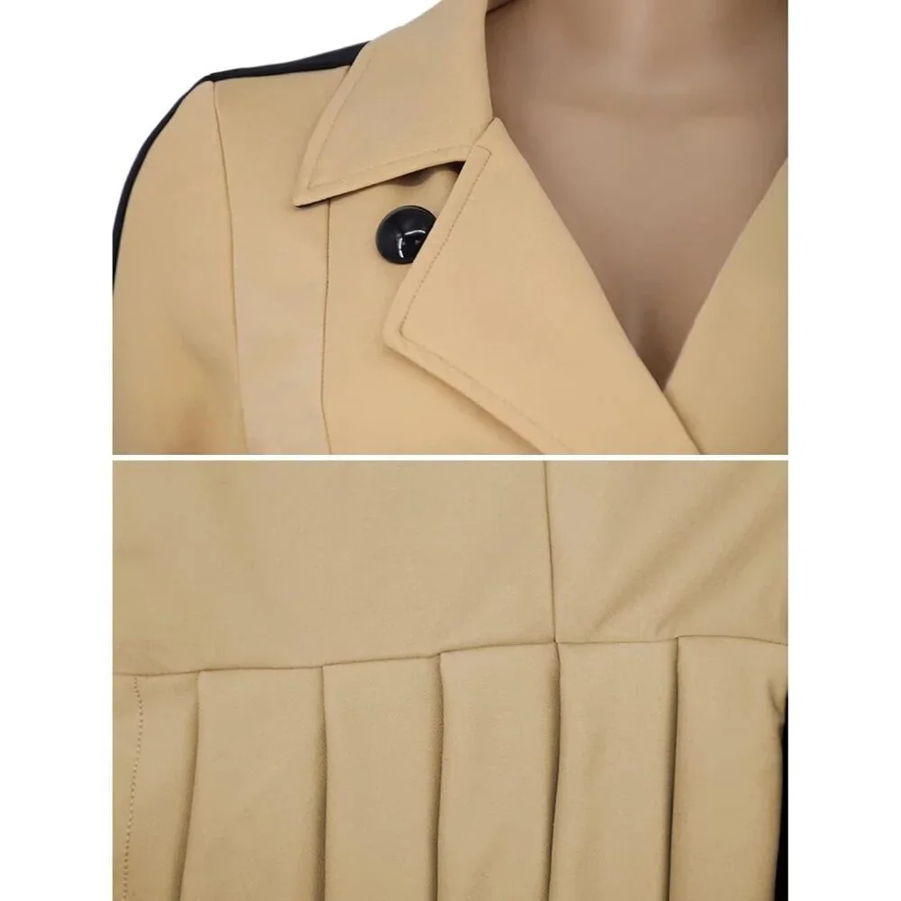 Women Khaki Two Tone V Neck Double Breasted Peplum Belted Blazer Mini Dress - Picture 7 of 7